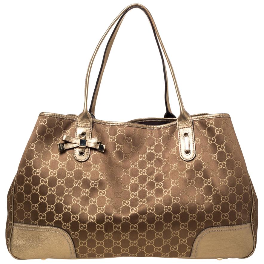 Gucci Brown/Gold GG Fabric and Leather Large Princy Tote