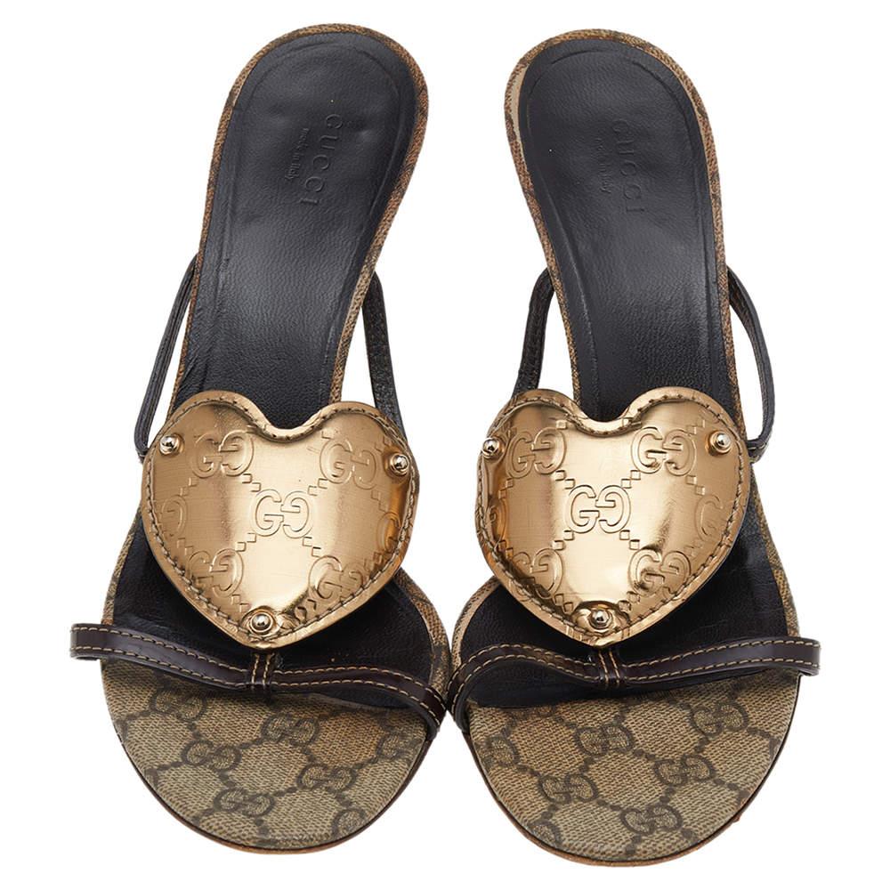 Gray Gucci Brown/Gold GG Leather Crest Slide Sandals Size 39