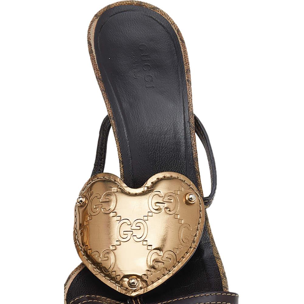 Gucci Brown/Gold GG Leather Crest Slide Sandals Size 39 2