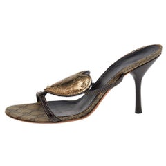 Gucci Brown/Gold GG Leather Crest Slide Sandals Size 39