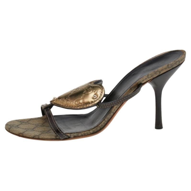 Gucci Brown/Gold GG Leather Crest Slide Sandals Size 39