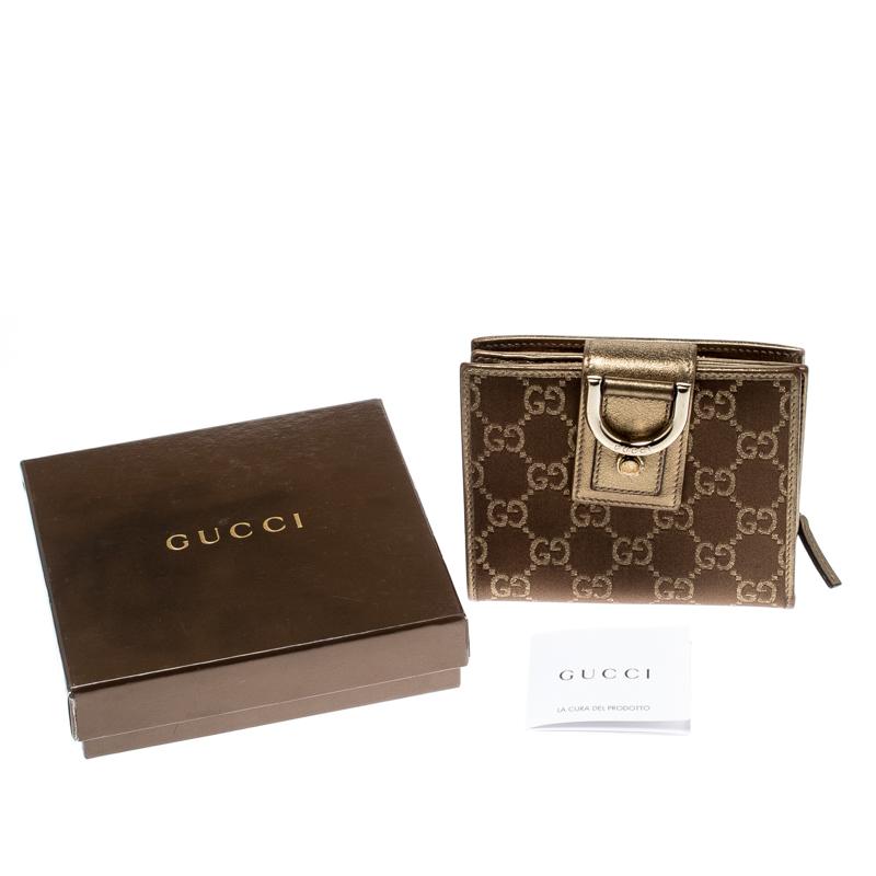 Gucci Brown/Gold Satin and Leather D Ring Compact Wallet 8