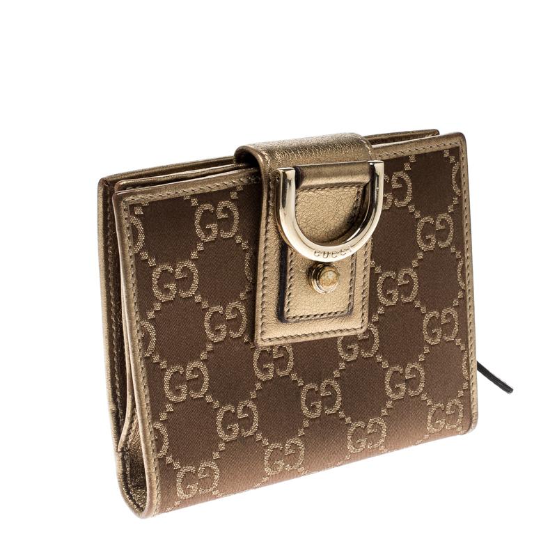 Gucci Brown/Gold Satin and Leather D Ring Compact Wallet In Good Condition In Dubai, Al Qouz 2