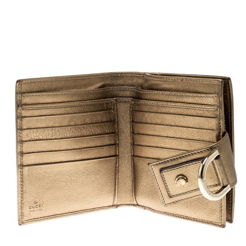 Gucci Brown/Gold Satin and Leather D Ring Compact Wallet 4