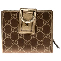 Gucci Brown/Gold Satin and Leather D Ring Compact Wallet