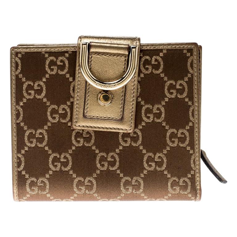 Gucci Brown/Gold Satin and Leather D Ring Compact Wallet