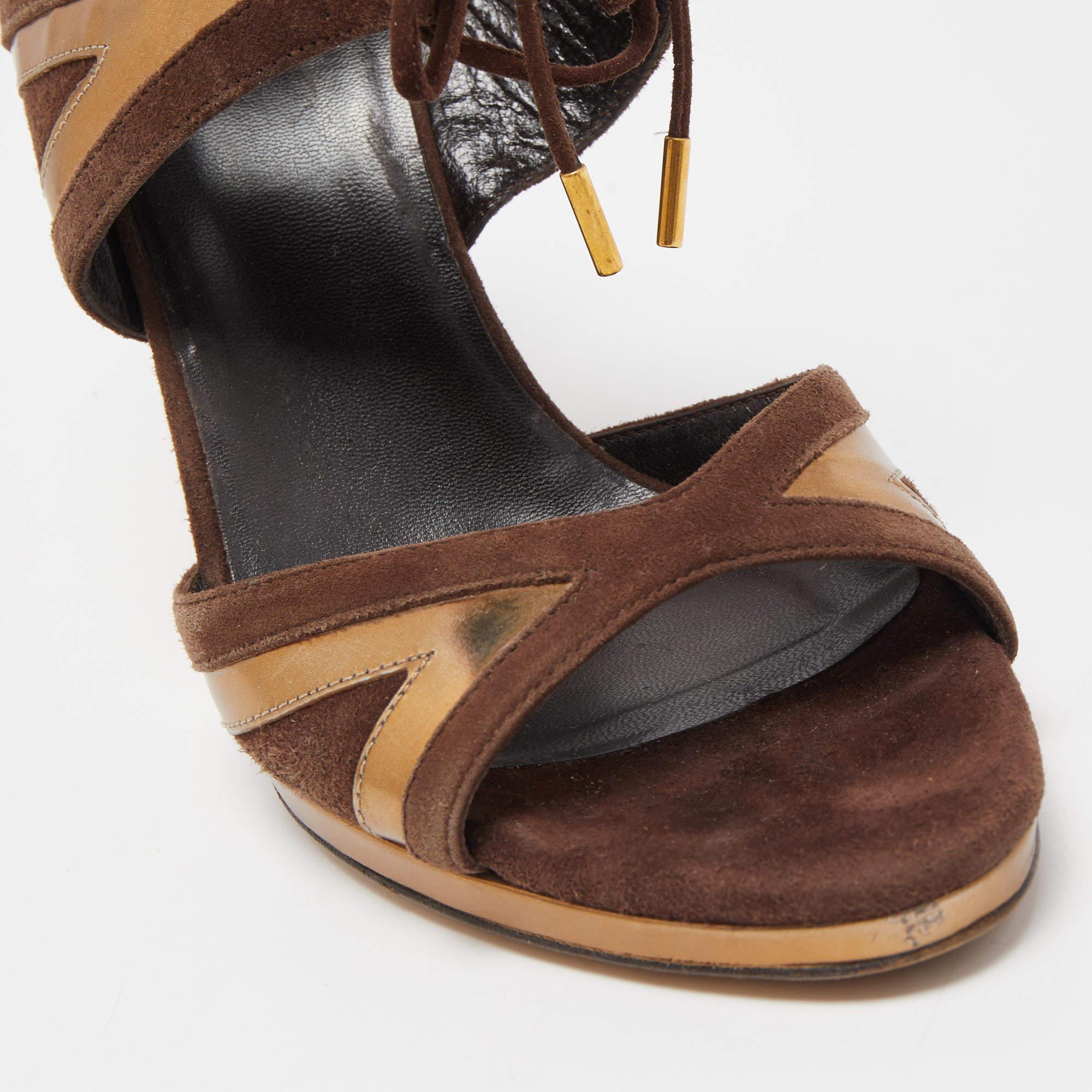 Gucci Brown/Gold Suede and Leather Ankle Tie Sandals Size 37.5 For Sale 3