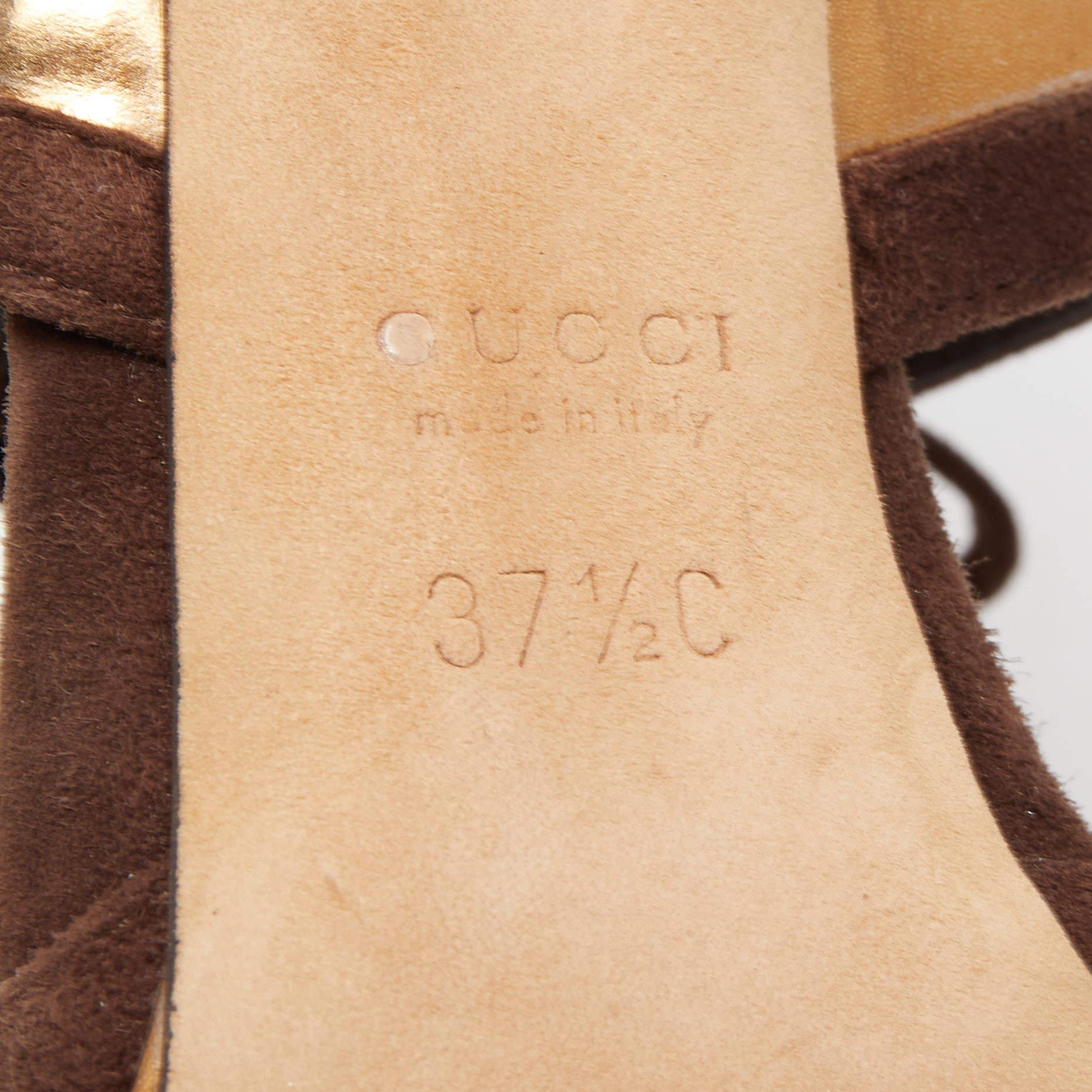 Gucci Brown/Gold Suede and Leather Ankle Tie Sandals Size 37.5 For Sale 4