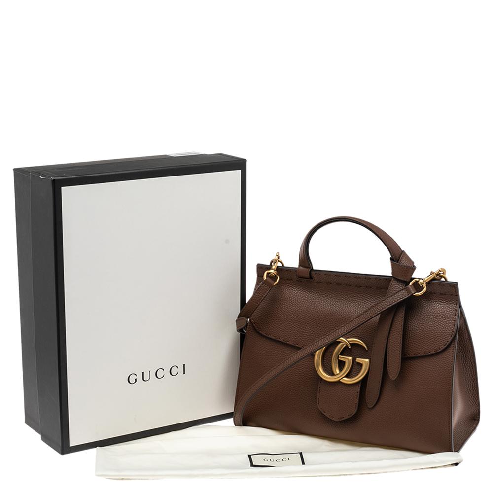 Gucci Brown Grained Leather Small GG Marmont Top Handle Bag 5