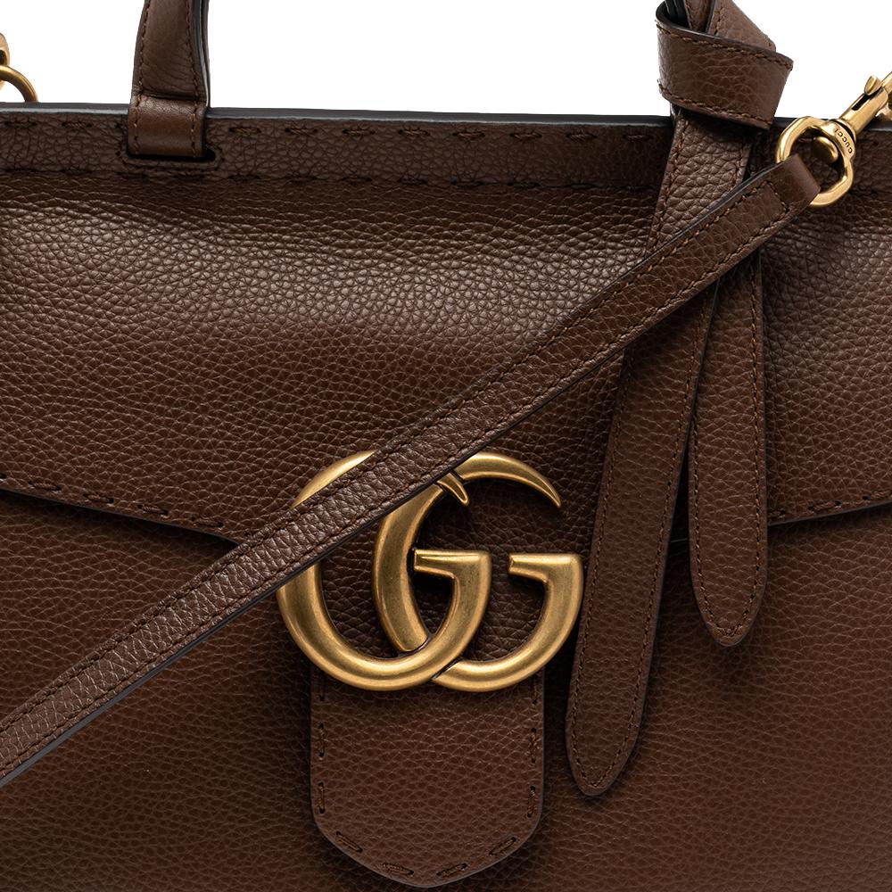 Gucci Brown Grained Leather Small GG Marmont Top Handle Bag 1