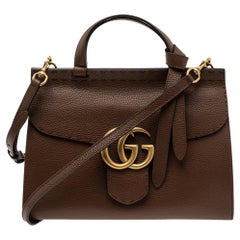Gucci Brown Grained Leather Small GG Marmont Top Handle Bag