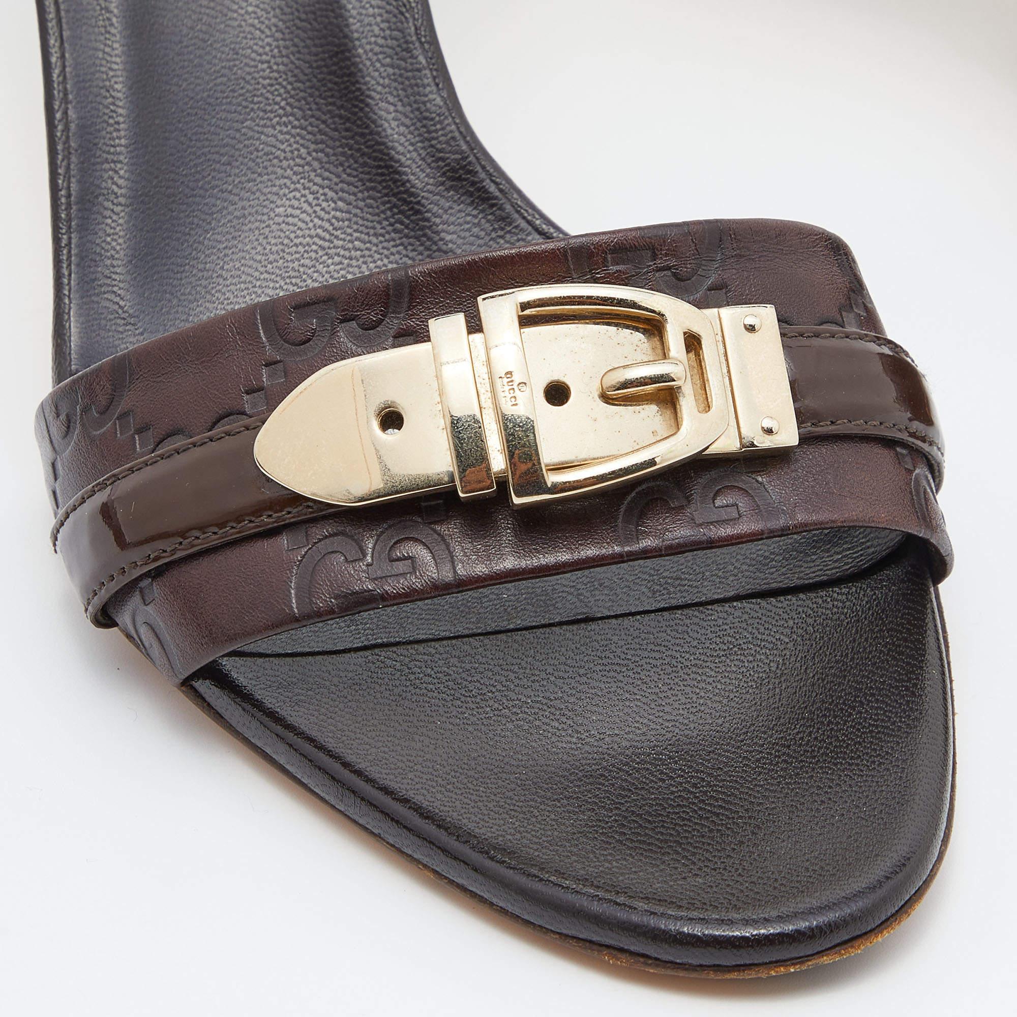 Gucci Brown Guccissima Leather Buckle Detail Slide Sandals Size 37 For Sale 1