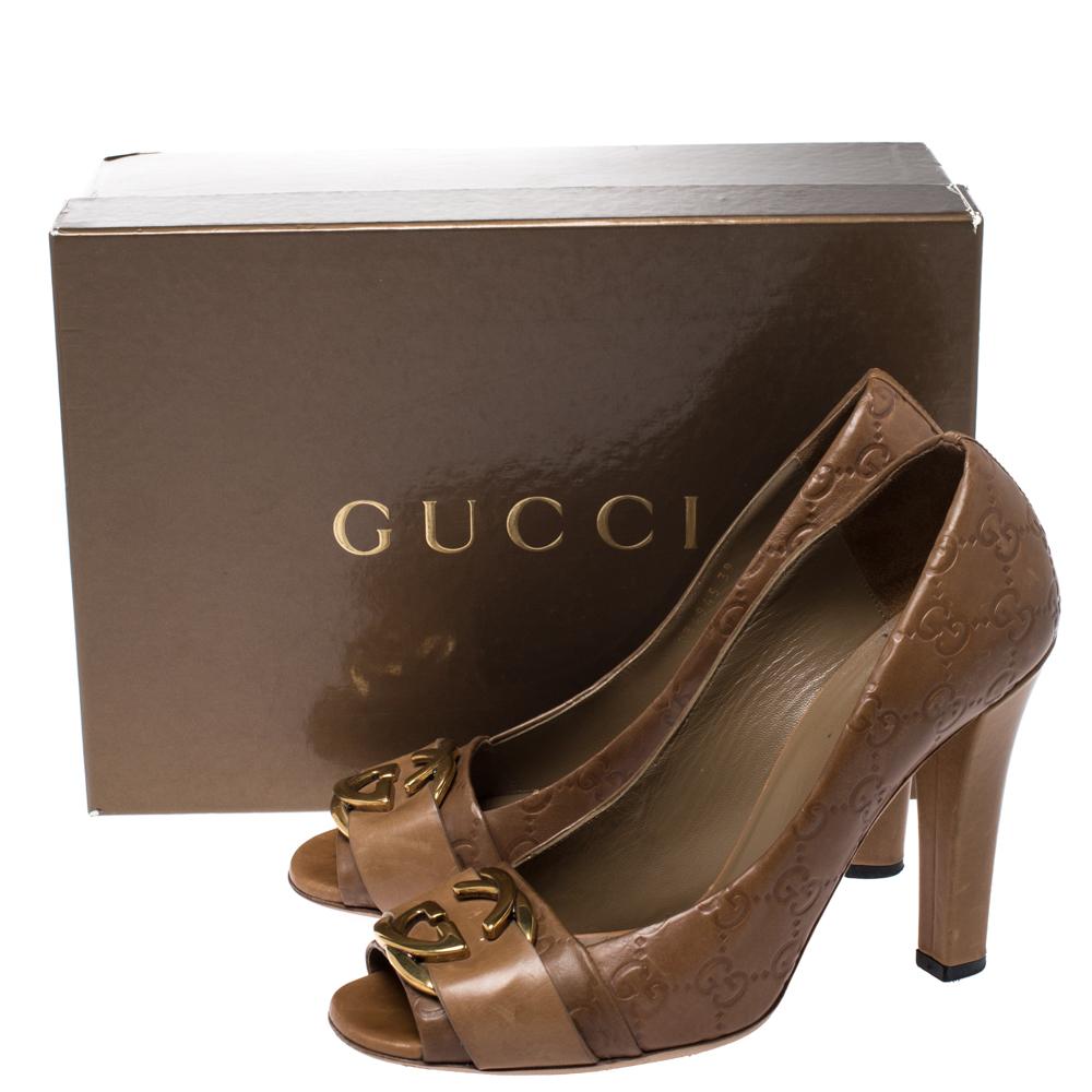 Gucci Brown Guccissima Leather GG Logo Peep Toe Pumps Size 39 4