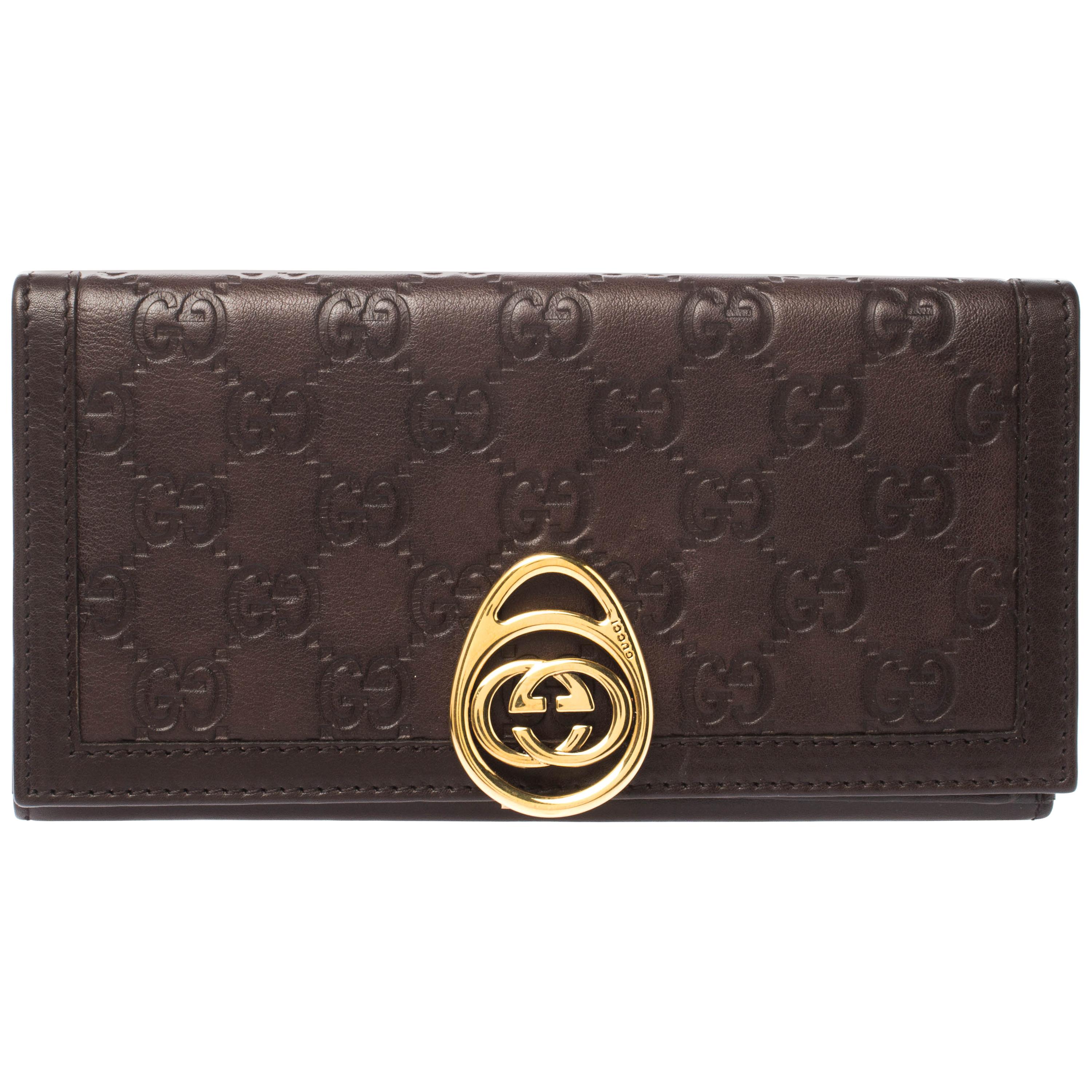 Gucci Brown Guccissima Leather Interlocking GG Clip Continental Wallet