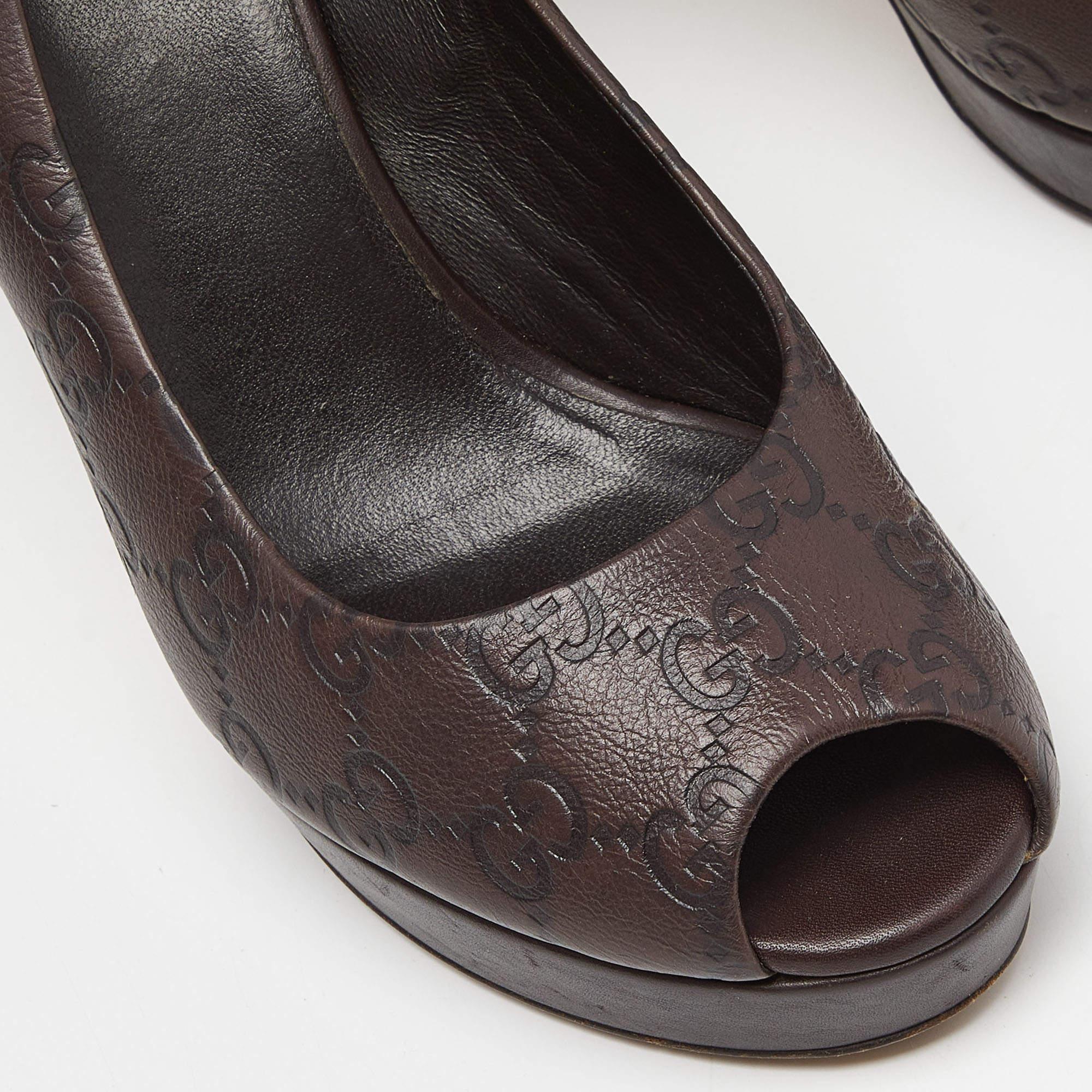 Gucci Brown Guccissima Leather Peep Toe Platform Pumps Size 38 For Sale 2
