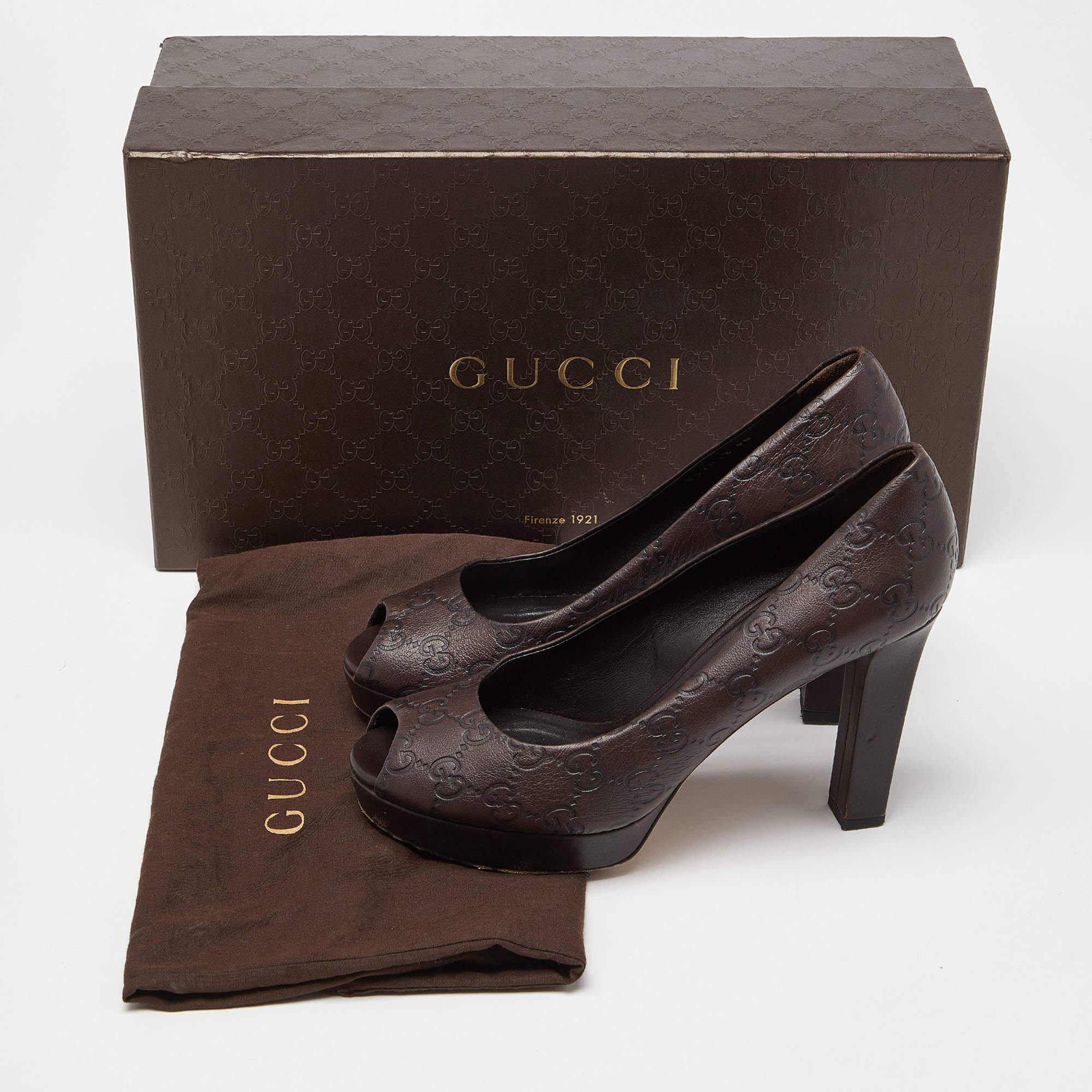 Gucci Brown Guccissima Leather Peep Toe Platform Pumps Size 38 For Sale 4