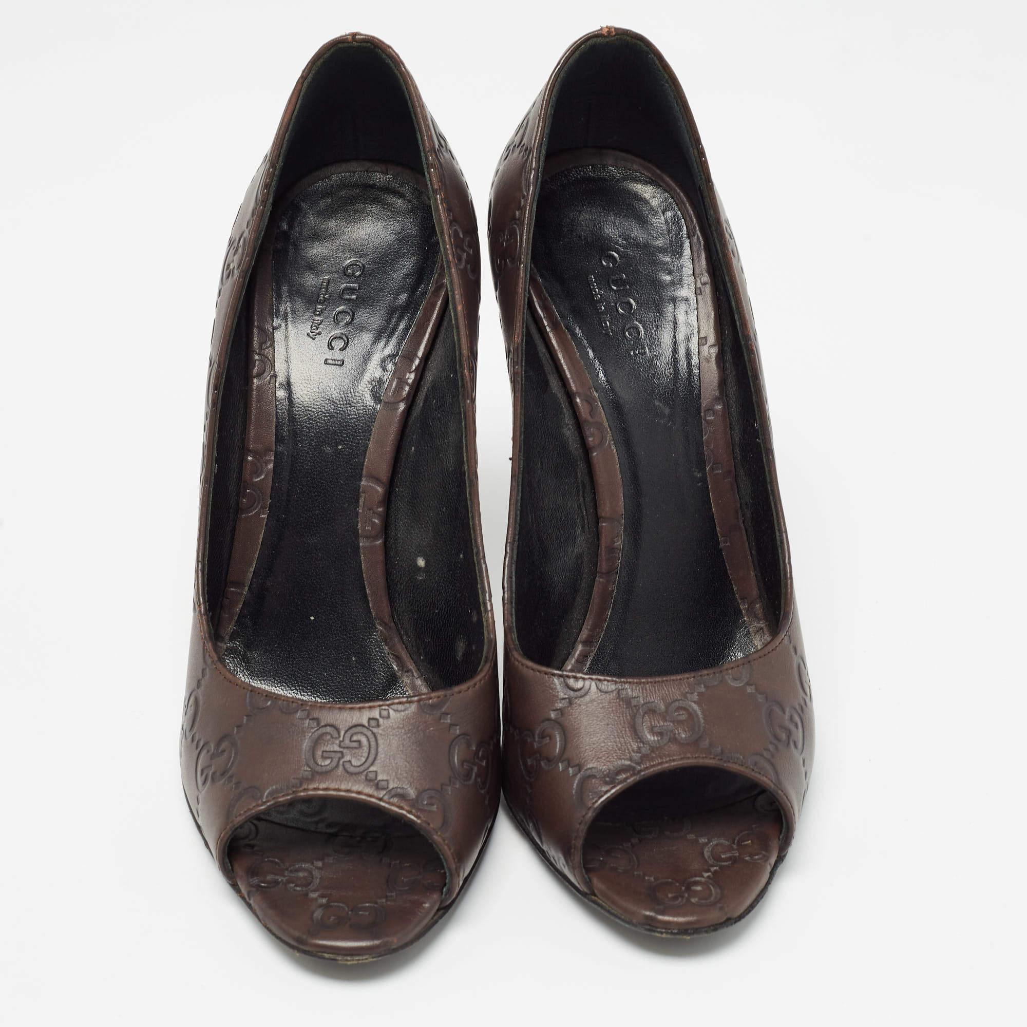 Black Gucci Brown Guccissima Leather Peep Toe Pumps Size 37