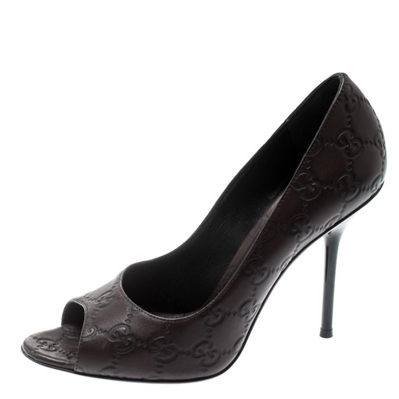 Gucci Brown Guccissima Leather Peep Toe Pumps Size 37.5 2