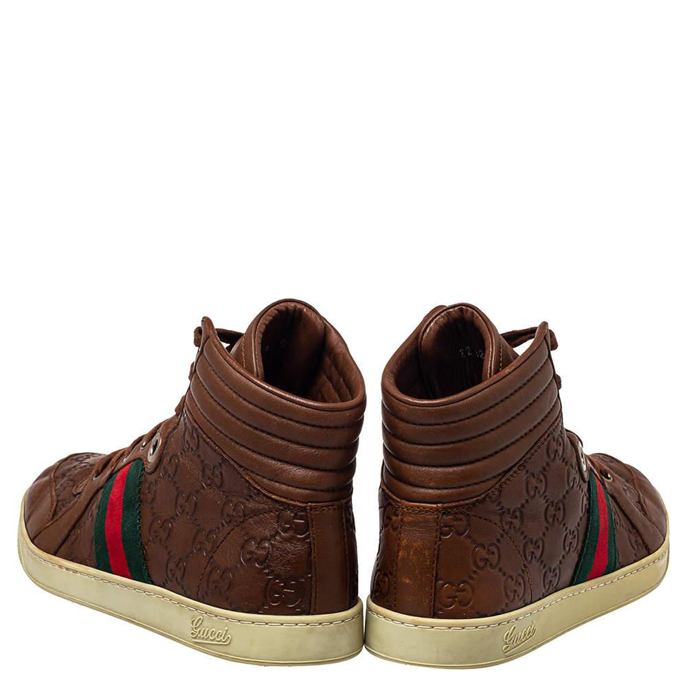 Marron Gucci - Baskets montantes en cuir marron avec détails en toile Guccissima, taille 40 en vente