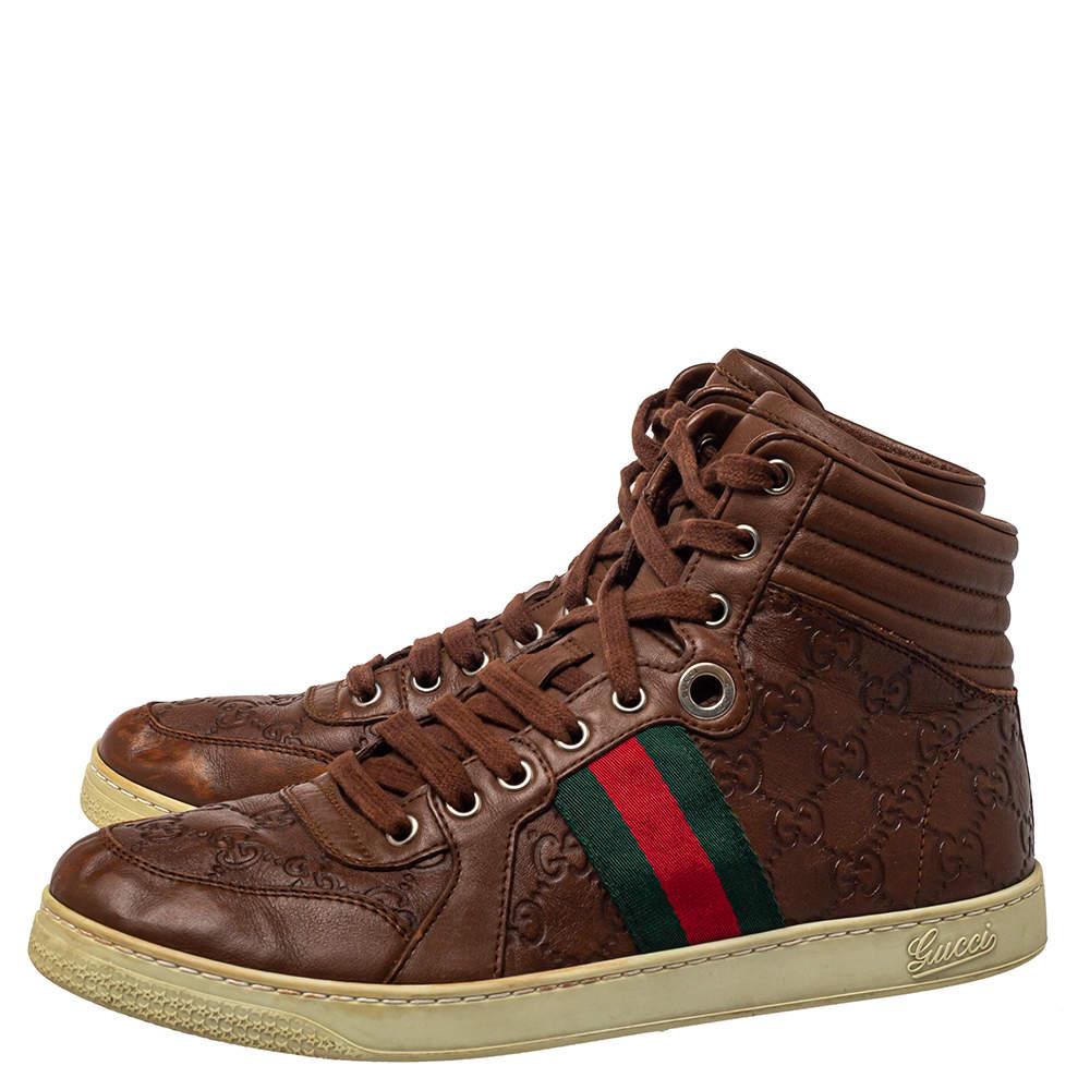 Men's Gucci Brown Guccissima Leather Web Detail High Top Sneakers Size 40 For Sale