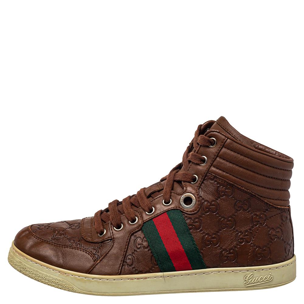 Gucci Brown Guccissima Leather Web Detail High Top Sneakers Size 40 In Fair Condition In Dubai, Al Qouz 2