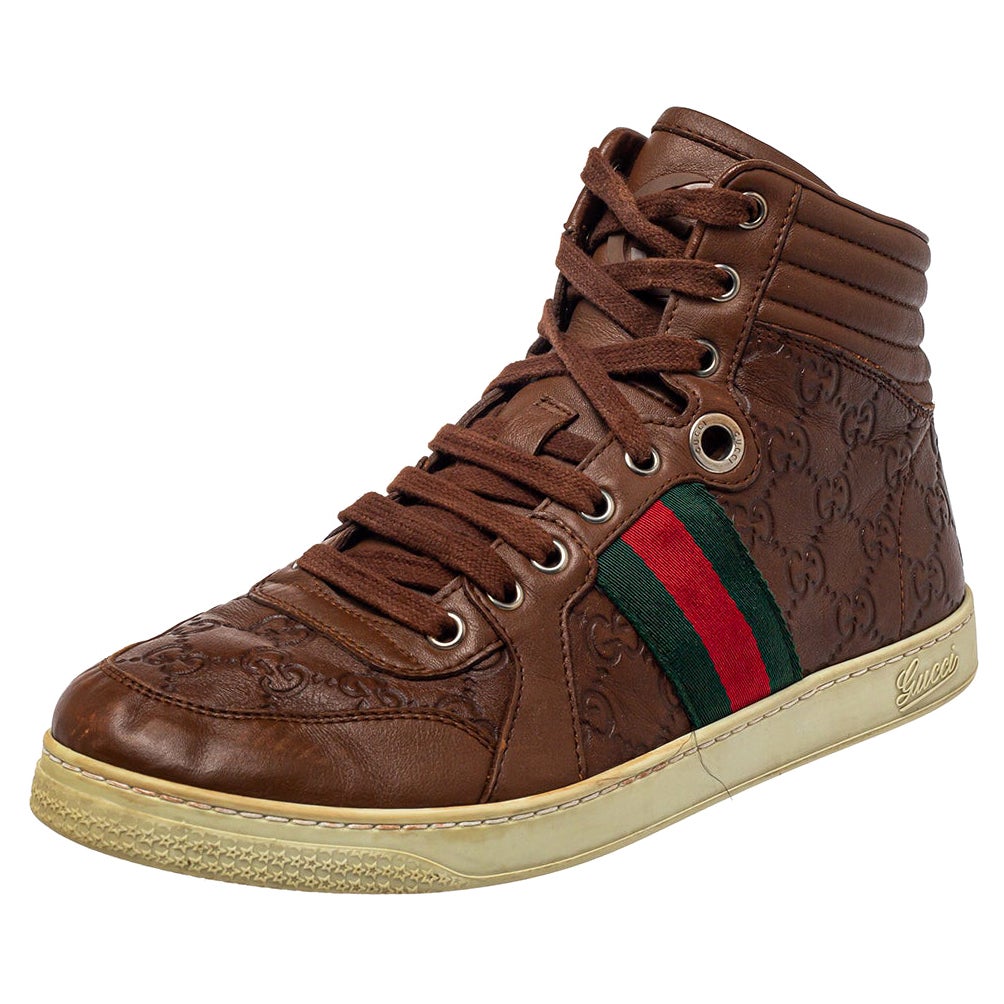 Gucci Brown Guccissima Leather Web Detail High Top Sneakers Size 40 For Sale
