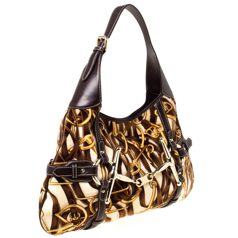 Black Gucci Brown Horsebit Print Velvet and Leather 85th Anniversary Brit Hobo