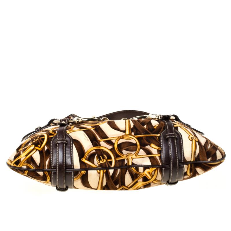 Gucci Brown Horsebit Print Velvet and Leather 85th Anniversary Brit Hobo In Good Condition In Dubai, Al Qouz 2