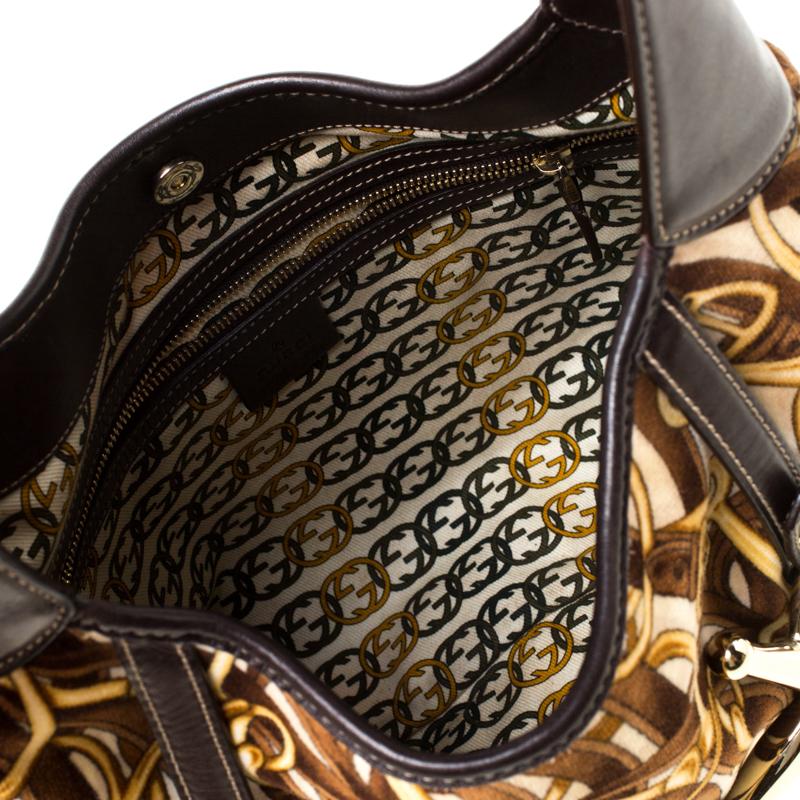 Gucci Brown Horsebit Print Velvet and Leather 85th Anniversary Brit Hobo 2