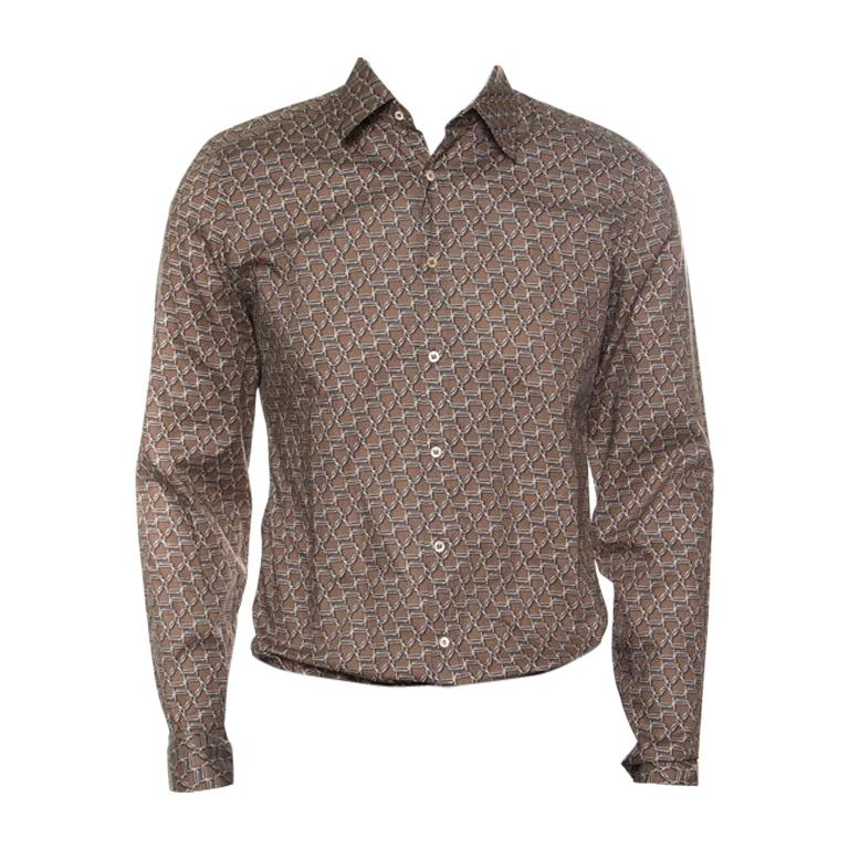 Gucci Brown Horsebit Printed Cotton Long Sleeve Slim Fit Shirt M