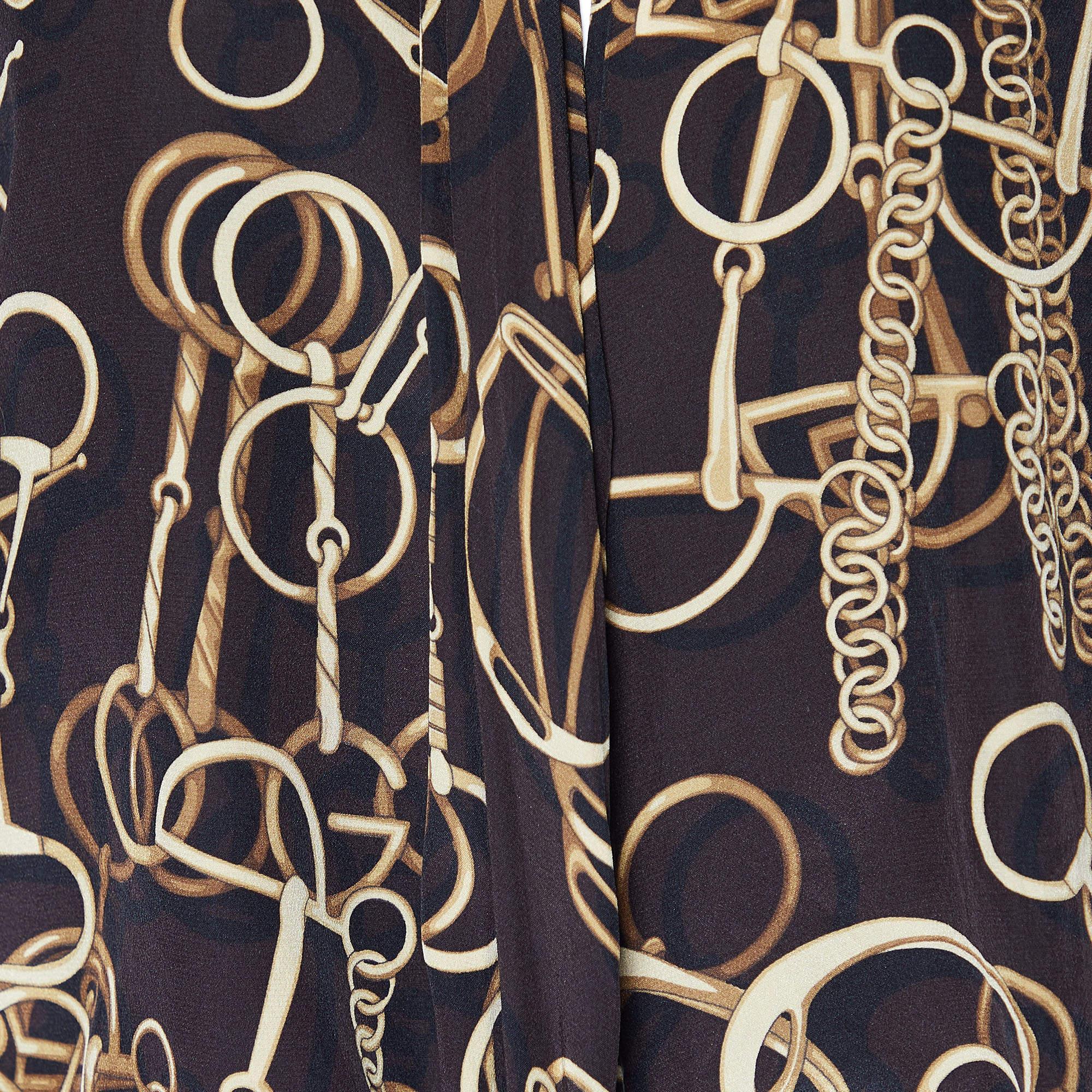 Gucci Brown Horsebit Printed Silk Wrap Tie Top L Bon état - En vente à Dubai, Al Qouz 2