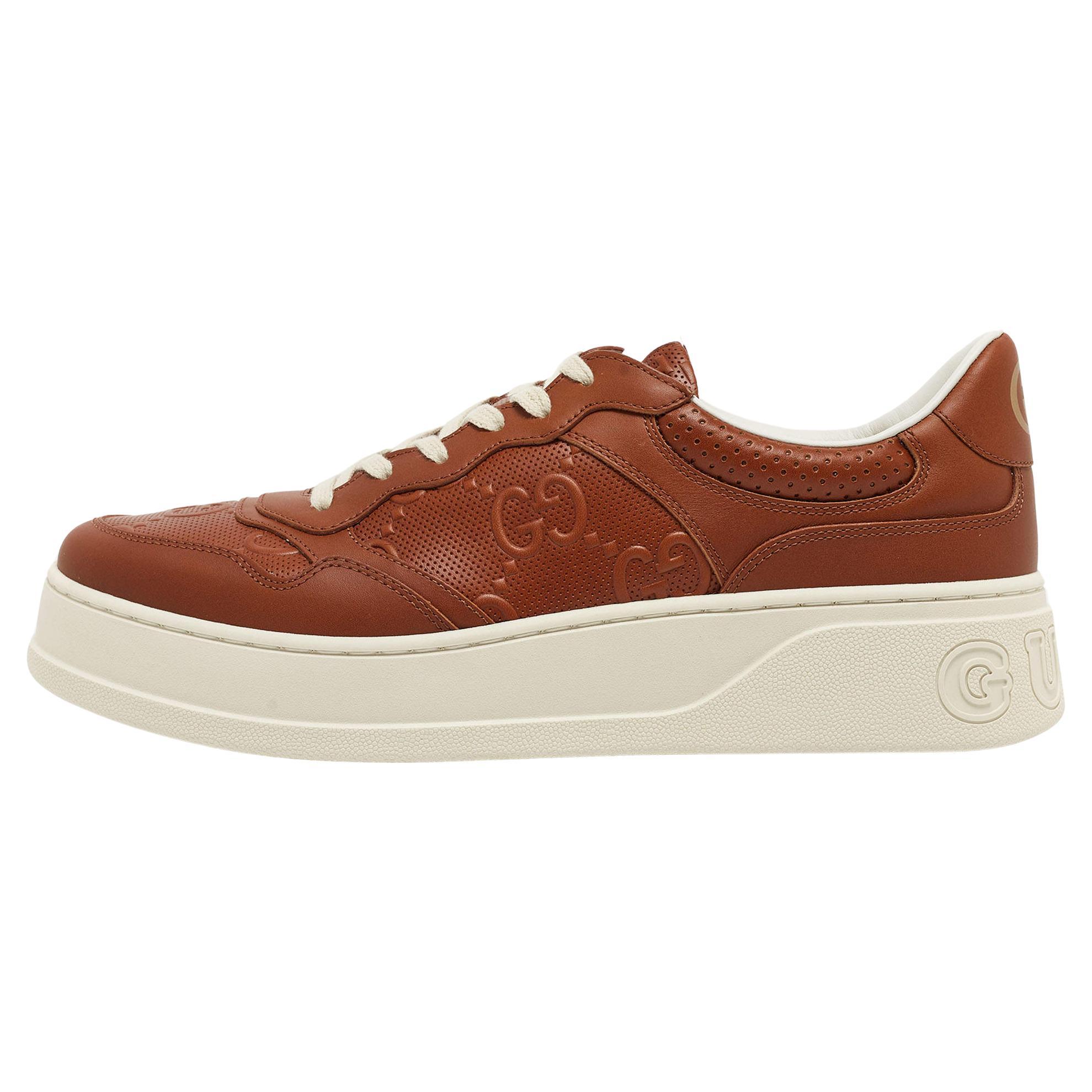 Gucci Brown Jumbo GG Embossed Leather Low Top Sneakers Size 45