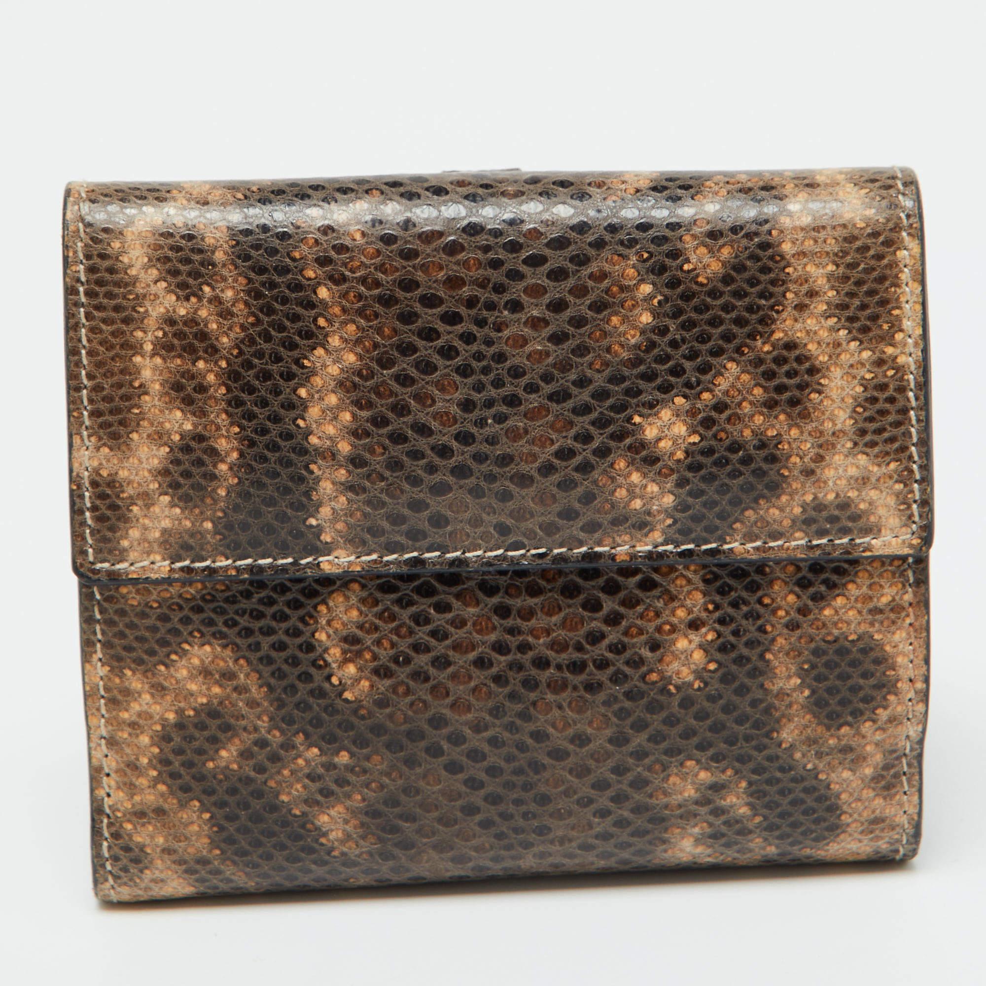 Gucci Brown Karung Leather Trifold Wallet For Sale 4