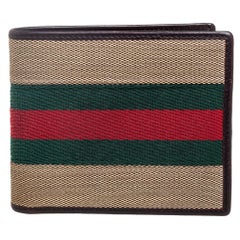 Used Gucci Brown Leather and Canvas Web Bifold Wallet