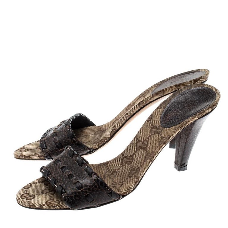 Gucci Brown Leather And GG Canvas Slides Size 37 For Sale at 1stDibs