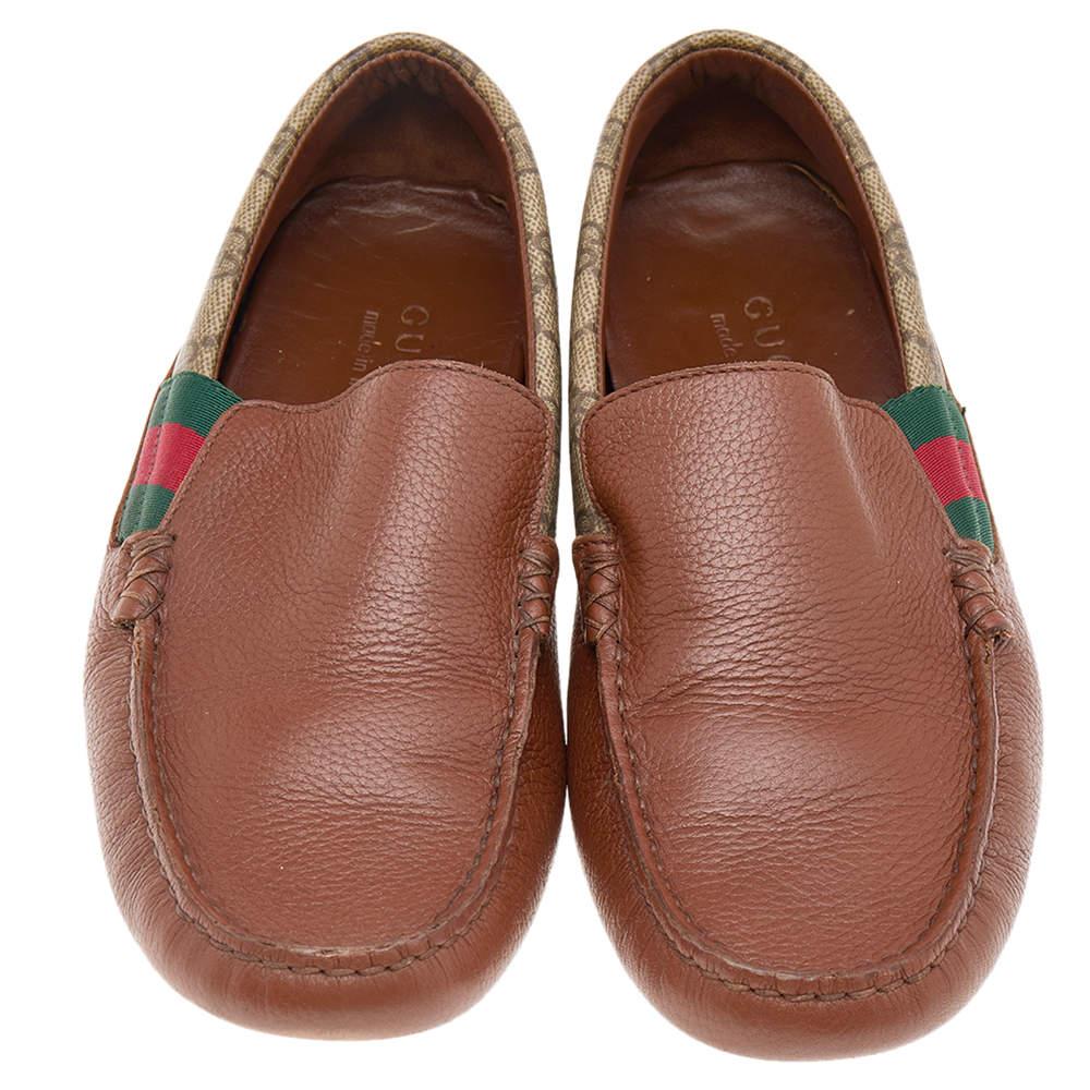 Gucci Brown Leather And GG Coated Canvas Web Detail Slip On Loafers Size 39.5 For Sale 1