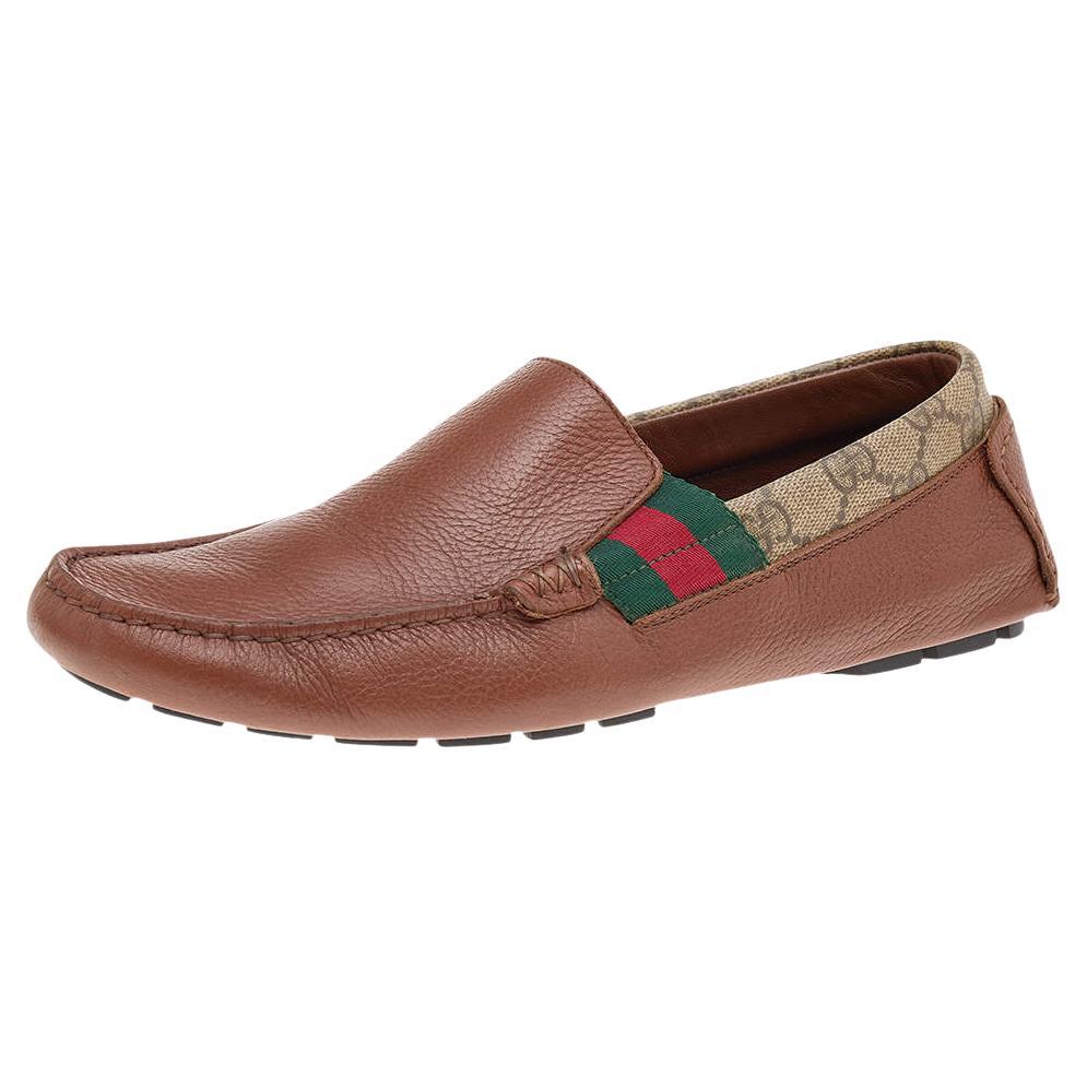 Gucci Brown Leather And GG Coated Canvas Web Detail Slip On Loafers Size 39.5 For Sale