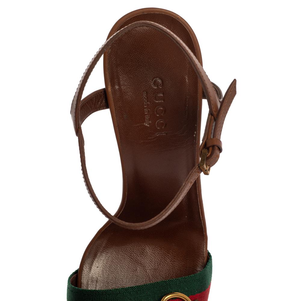 Gucci Brown Leather And Horsebit Web Stripe Detail Ankle Strap Sandals Size 35 In Good Condition In Dubai, Al Qouz 2