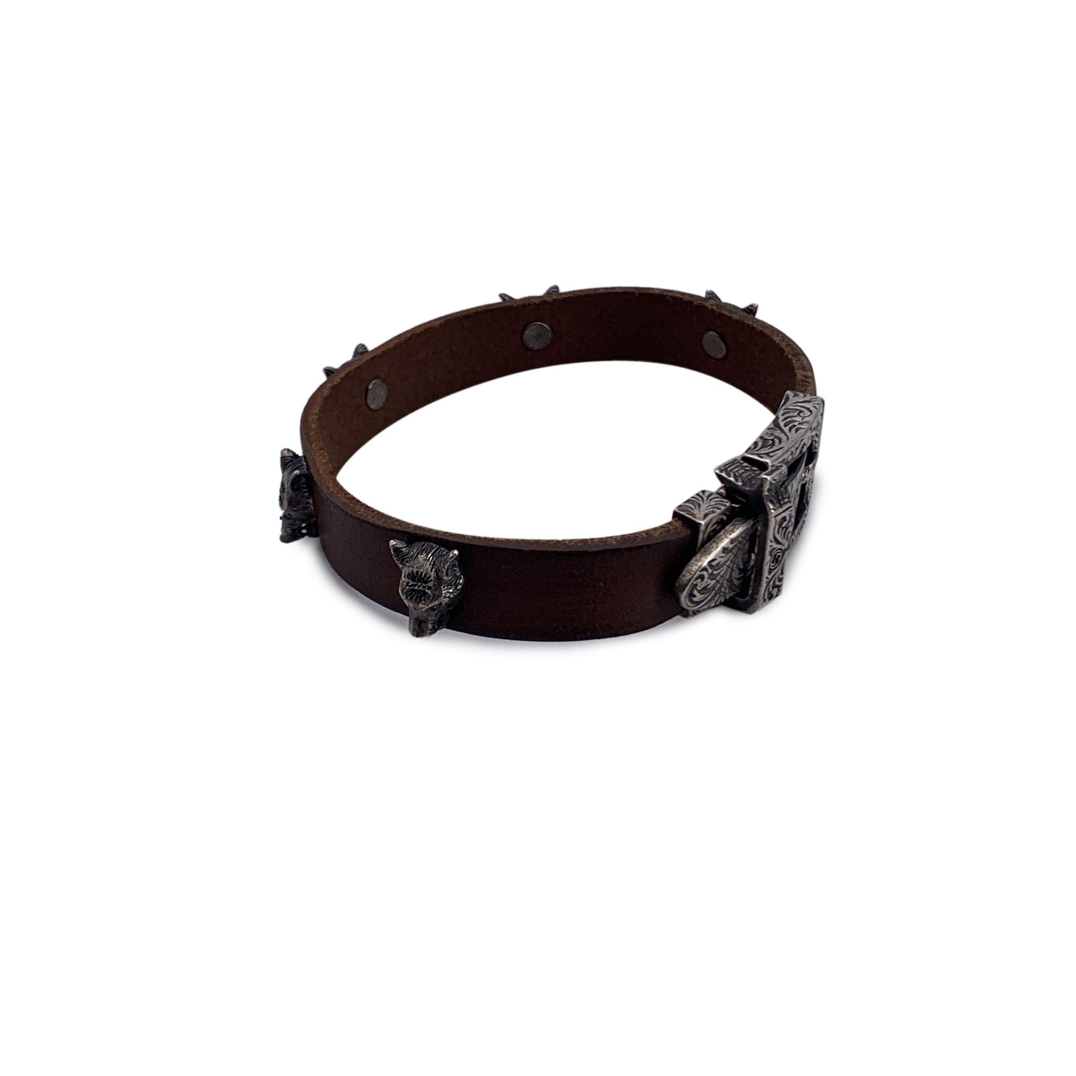 Gucci Brown Leather and Silver Bracelet Wolf Heads Studs Size 18 In Excellent Condition In Rome, Rome