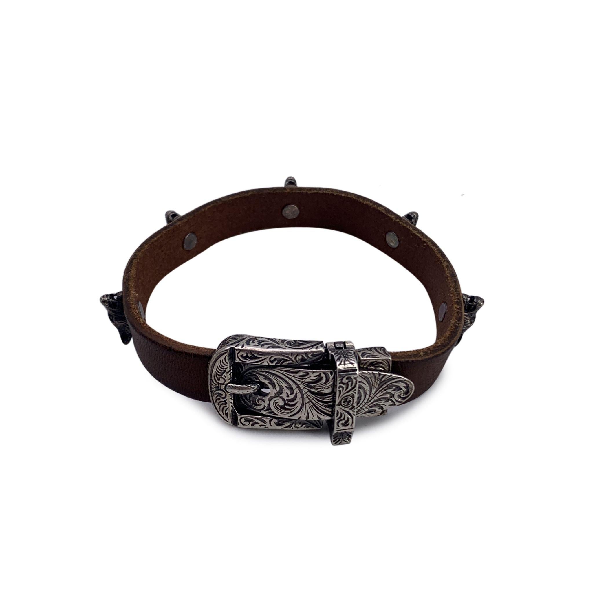 Women's Gucci Brown Leather and Silver Bracelet Wolf Heads Studs Size 18