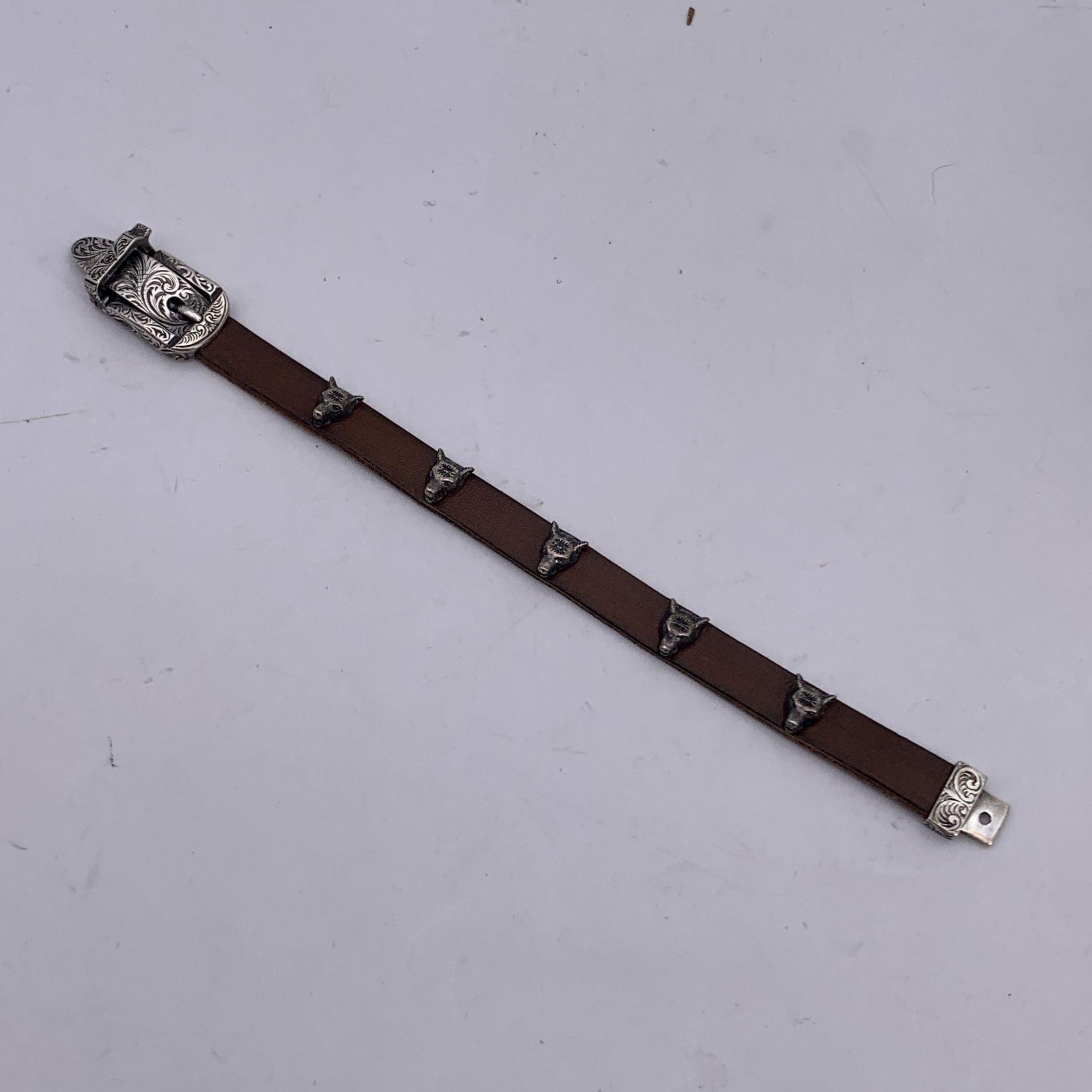 Gucci Brown Leather and Silver Bracelet Wolf Heads Studs Size 18 1