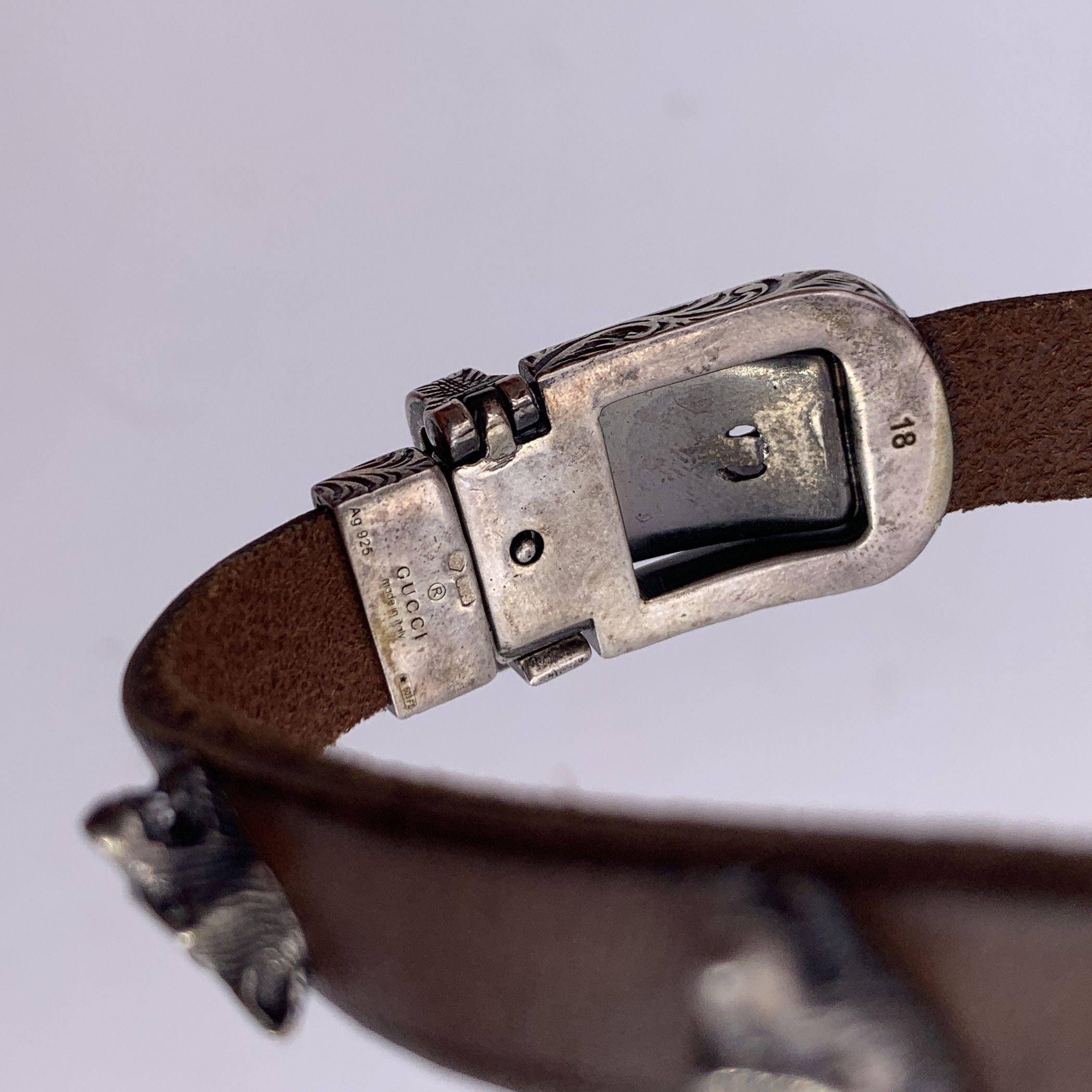 Gucci Brown Leather and Silver Bracelet Wolf Heads Studs Size 18 2