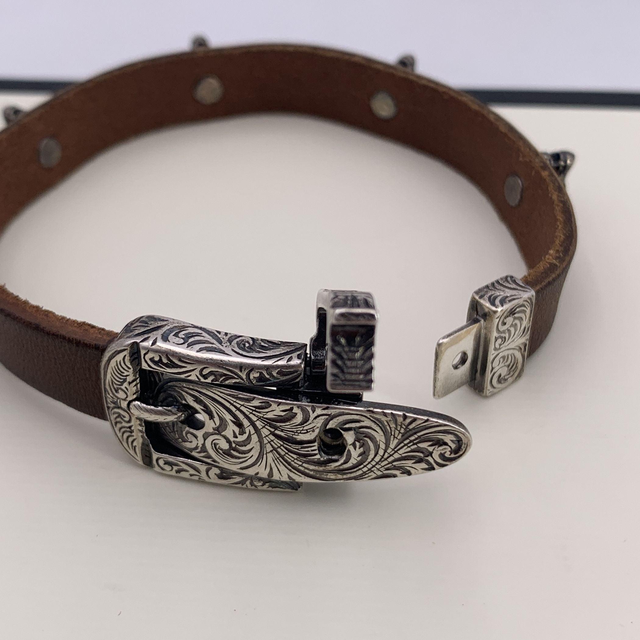 Gucci Brown Leather and Silver Bracelet Wolf Heads Studs Size 18 3