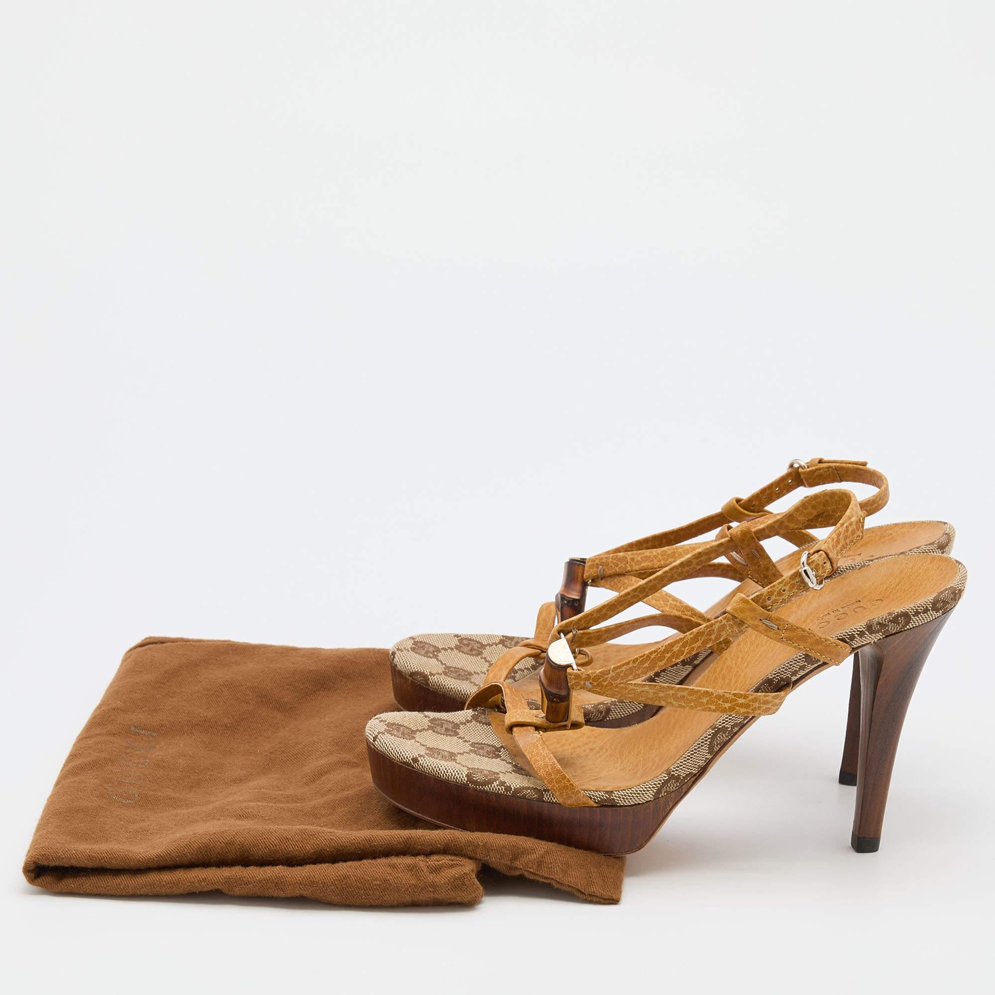 Gucci Brown Leather Bamboo Ankle Strap Sandals Size 35.5 5