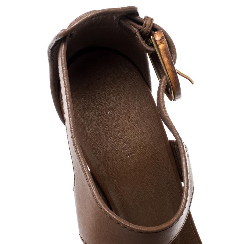 Women's Gucci Brown Leather Bamboo Buckle Ankle Strap Sandals Size 39
