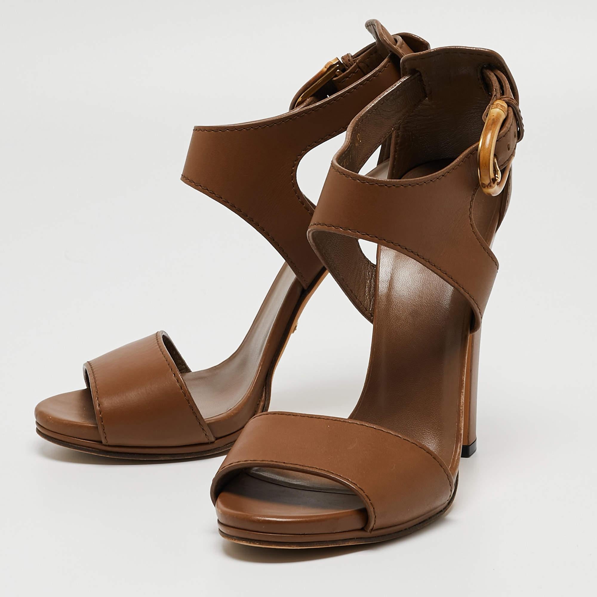 Gucci Brown Leather Bamboo Buckle Ankle Strap Sandals Size 40 For Sale 1