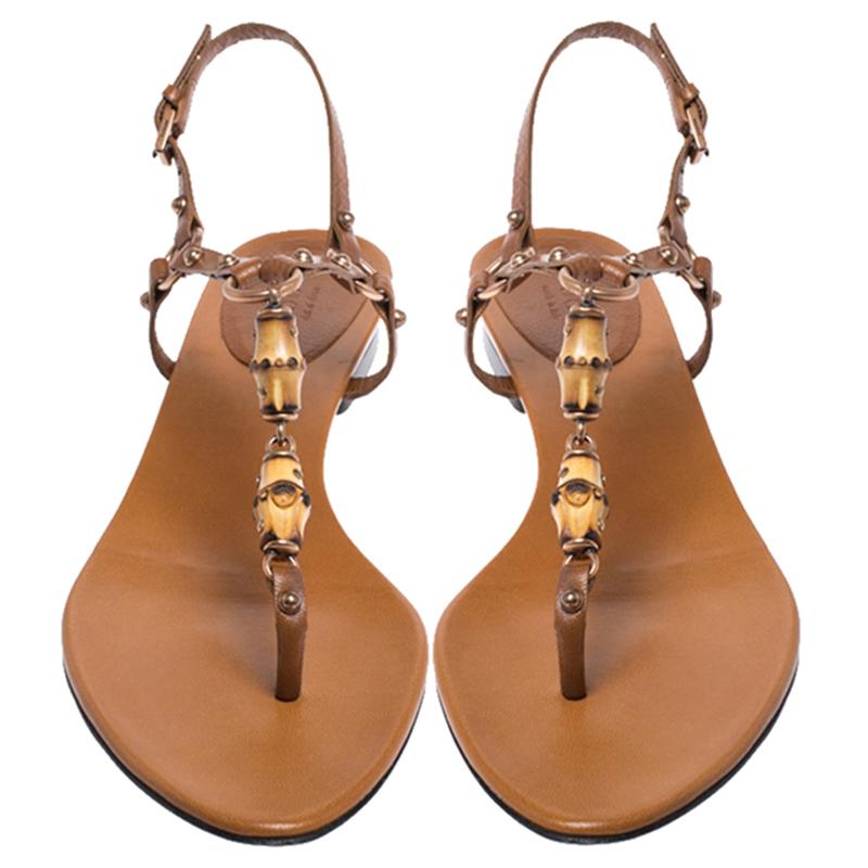 Gucci Brown Leather Bamboo Embellished Thong Sandals Size 38 In Good Condition In Dubai, Al Qouz 2