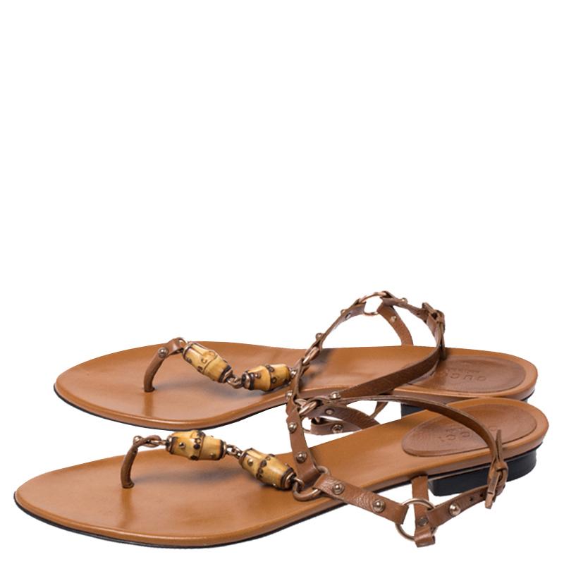 Women's Gucci Brown Leather Bamboo Embellished Thong Sandals Size 38