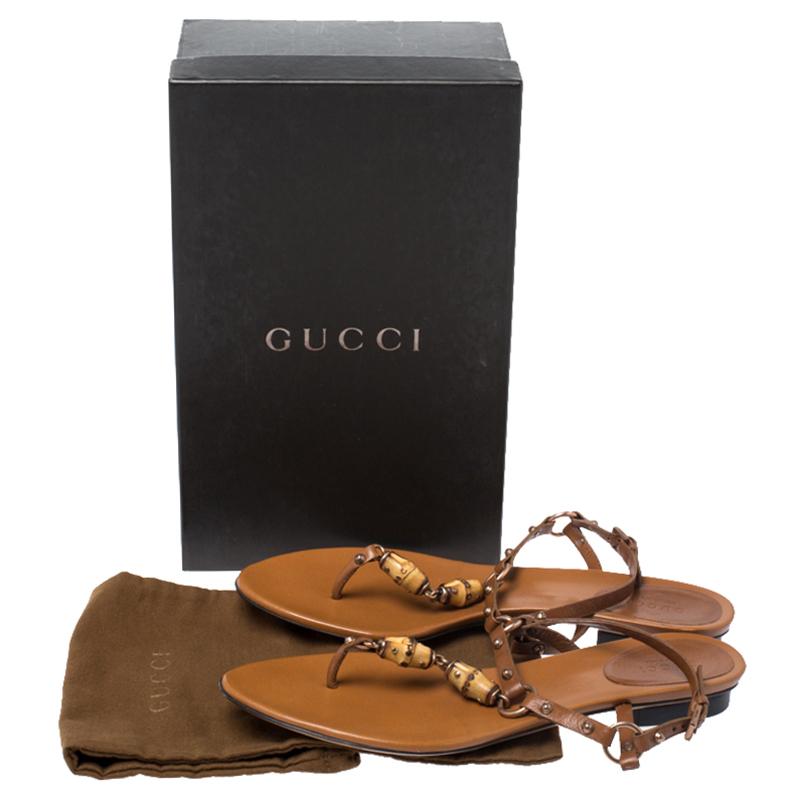 Gucci Brown Leather Bamboo Embellished Thong Sandals Size 38 4