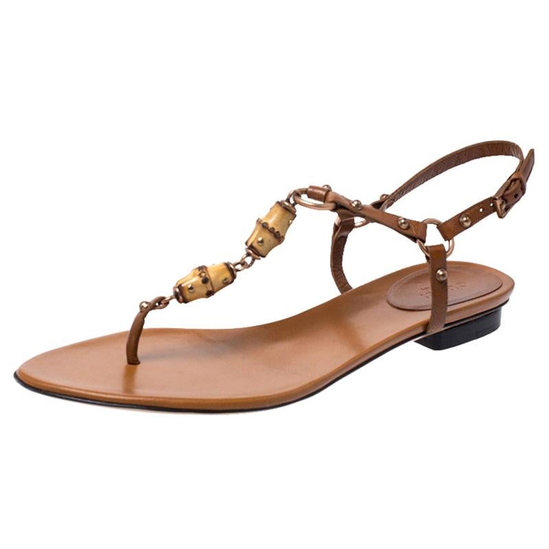 Gucci Brown Leather Bamboo Embellished Thong Sandals Size 38